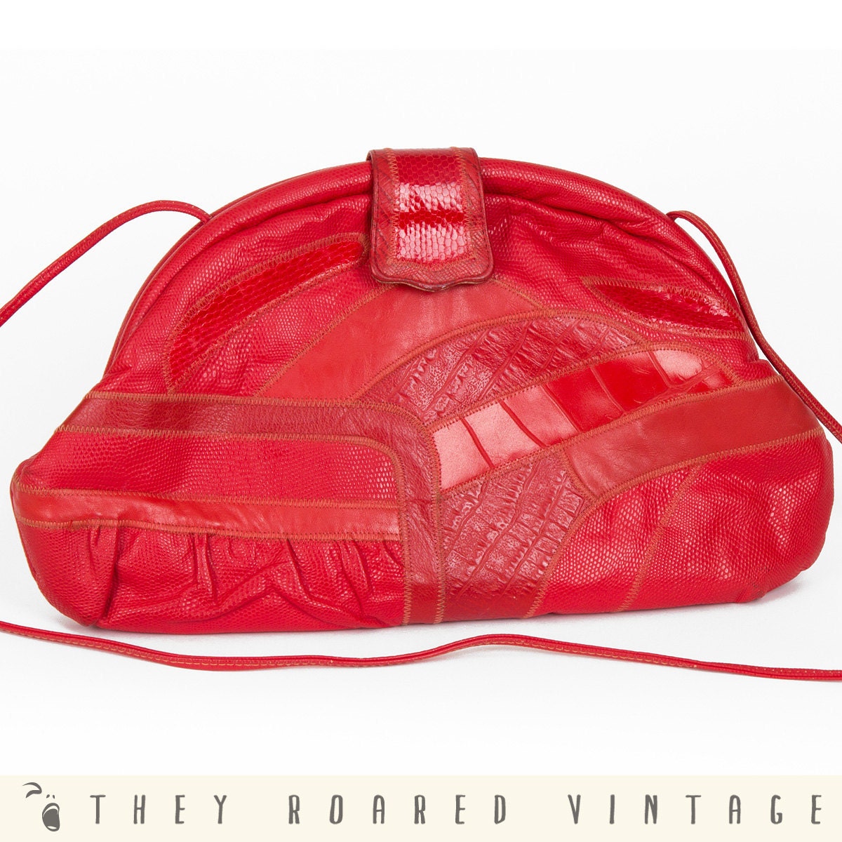 70s Leather Purse Red Bag Animal Skin Skinny Strap Vintage Large