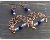 Blue Moon Gypsy Dance. Copper Moon Crescent Elements, cobalt blue glass and aqua blue apatite earrings