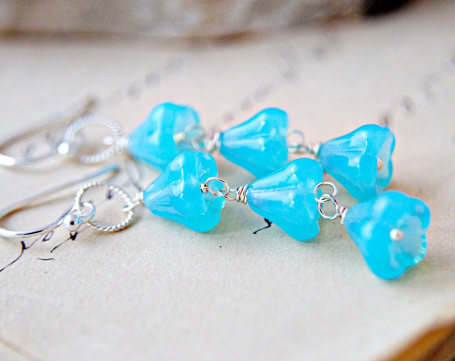 Bluebells Earrings Czech Sky Blue Flower Dangles Aqua Sterling Silver Fashion Garden Floral Three