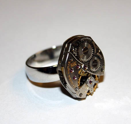 Adjustable Steampunk Dieselpunk Victorian Vintage Altered Mixed Media Art Old Pocket Wrist Watch Gears Ring 3