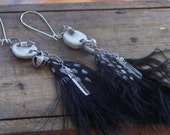 The Raven Witch. Black feather, deer antler slice, gypsy bell and tourmaline earrings. ooak