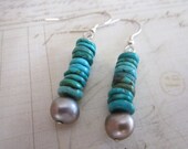 Turquoise Heishe and Pearl Earrings with Sterling