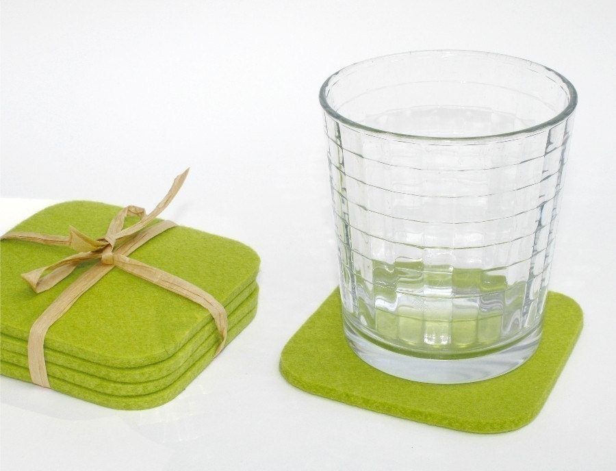 Coasters, Felt Coasters in 5MM Thick Virgin Merino Wool Felt with rounded corners- LIME