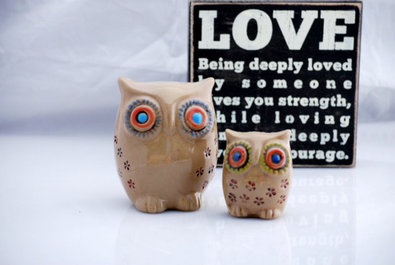 Owls Mother and child  with red flowers handmade pottery