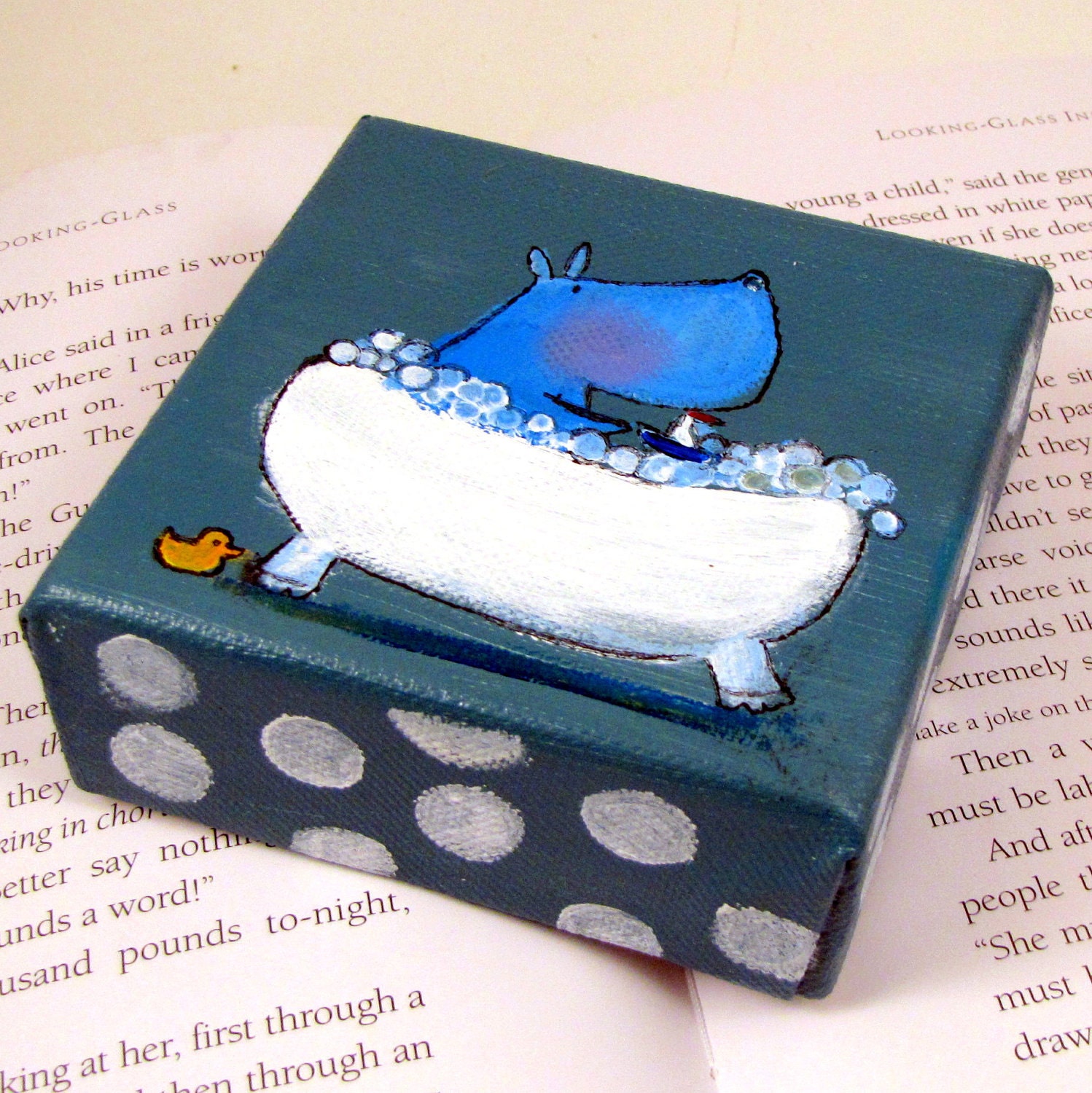 Hippo Bathtub Painting, Whimsical Original Art, Kids Wall Decor