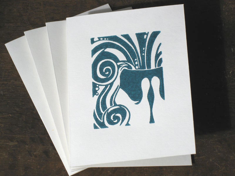 Set of 4 block print "My cup overflows" cards, dark turquoise