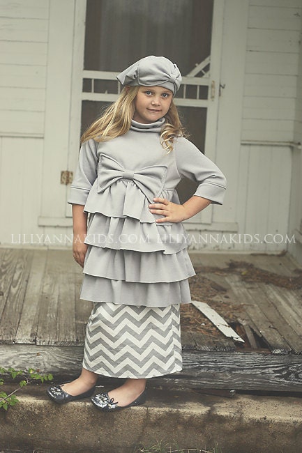 Grey and Chevron Ruffled Top and Skirt Custom made by LillyAnnaKids Sizes NB-2t