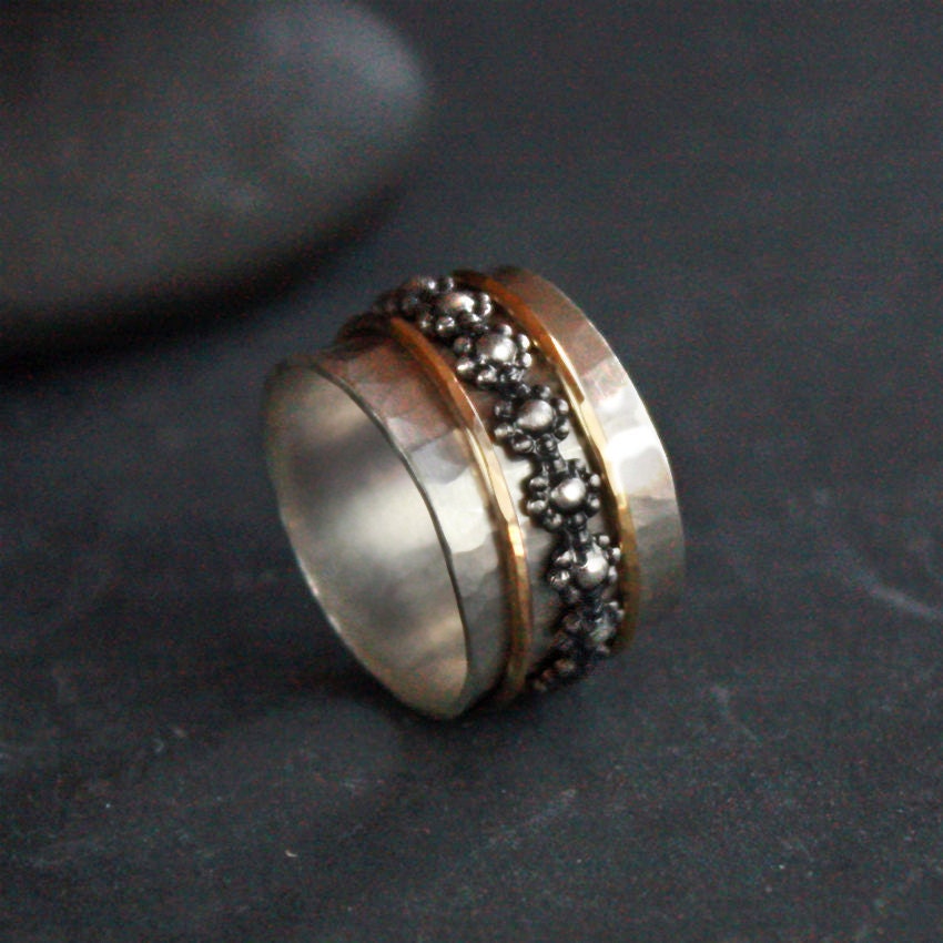 Floral Spinner Ring, Gold and Silver with 3 Bands - Recycled Silver 14k Gold Fill Fidget Ring - FREE Shipping