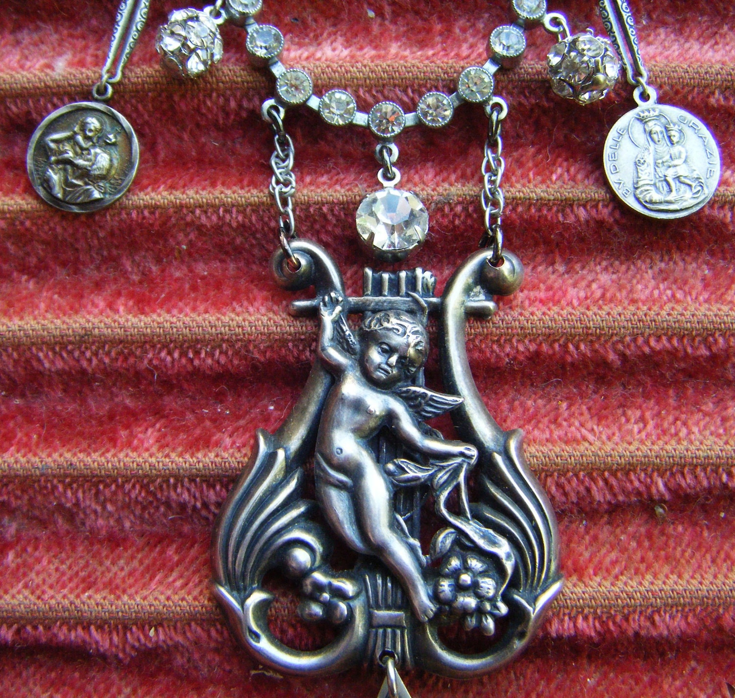 Antique cherub religious necklace paste crystal bezel repousse sterling tassel one of a kind jewelry assemblage