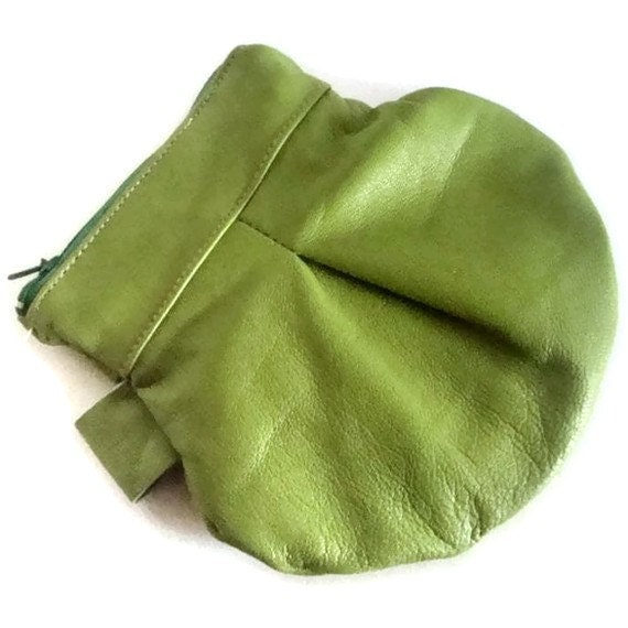 Leather Coin Purse in Mint Green Zippered Pleated- Ready to ship