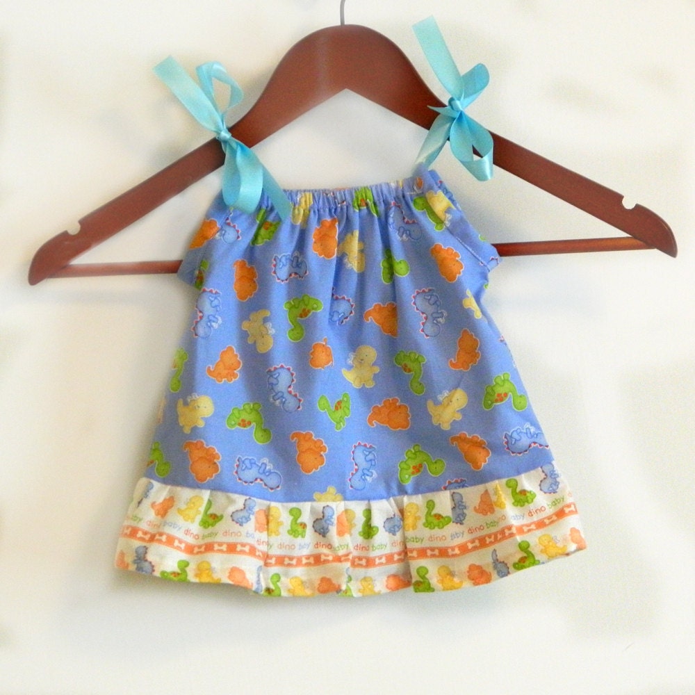 Pillowcase Dress - Blue Dinosaurs - made to order - newborn 3 6 9 12 months