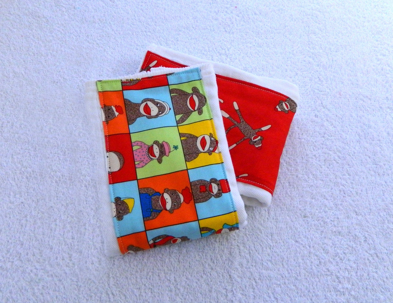 Sock Monkey Burp Cloth- Red & Faces- set of 2