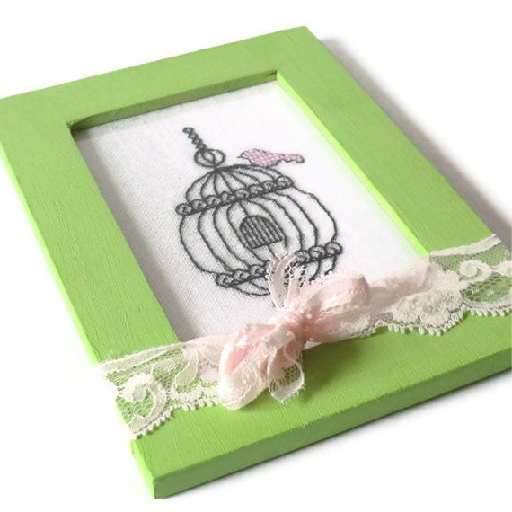 Embroidered Birdcage, Vintage-Style in Handpainted Frame