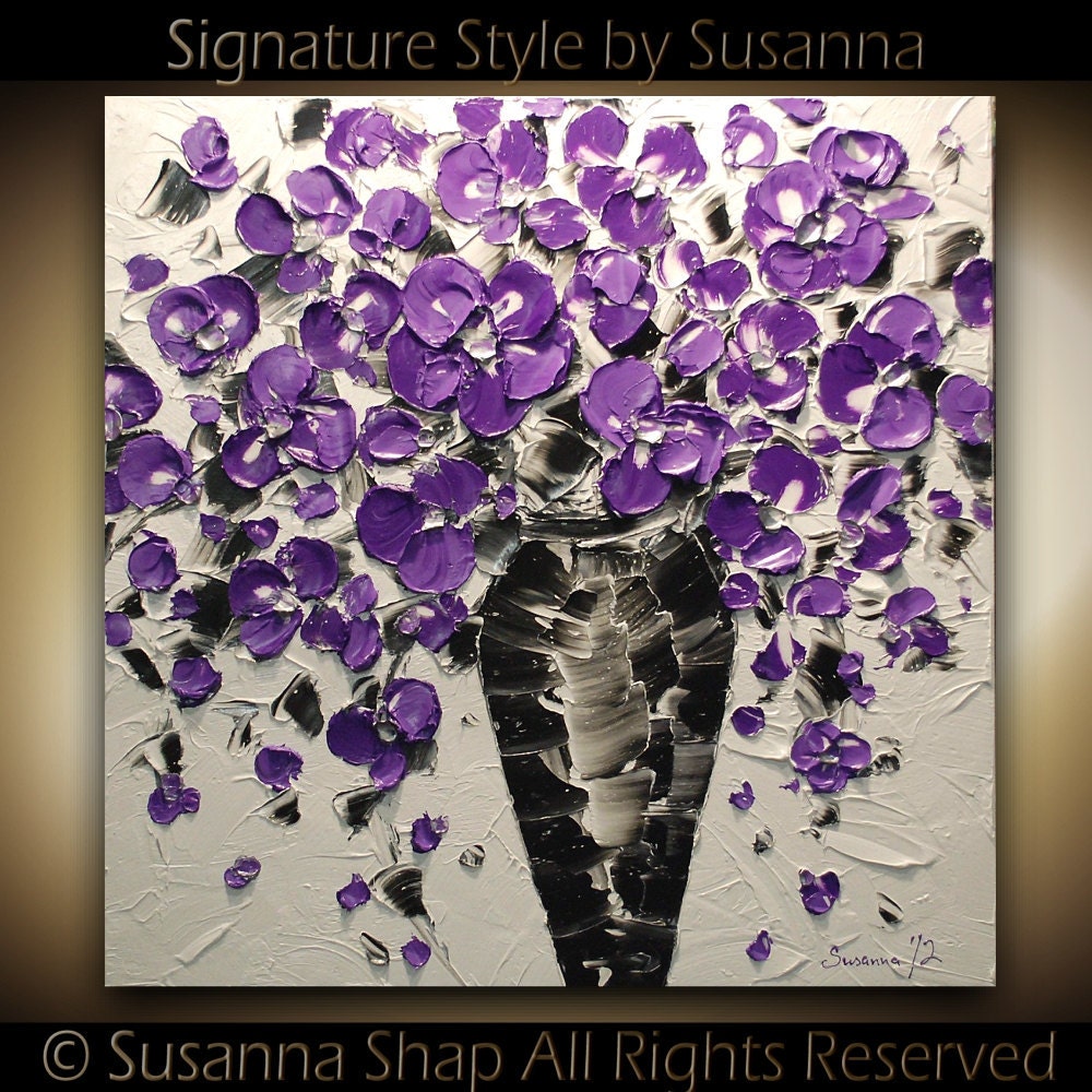 ORIGINAL Contemporary Purple Flowers Bouquet in Vase Thick Impasto Textured Oil Painting by Susanna