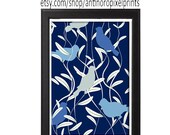 Blue Birds Vintage Modern Inspired Art Print  - Blues White 24x24 Poster Print (Unframed)