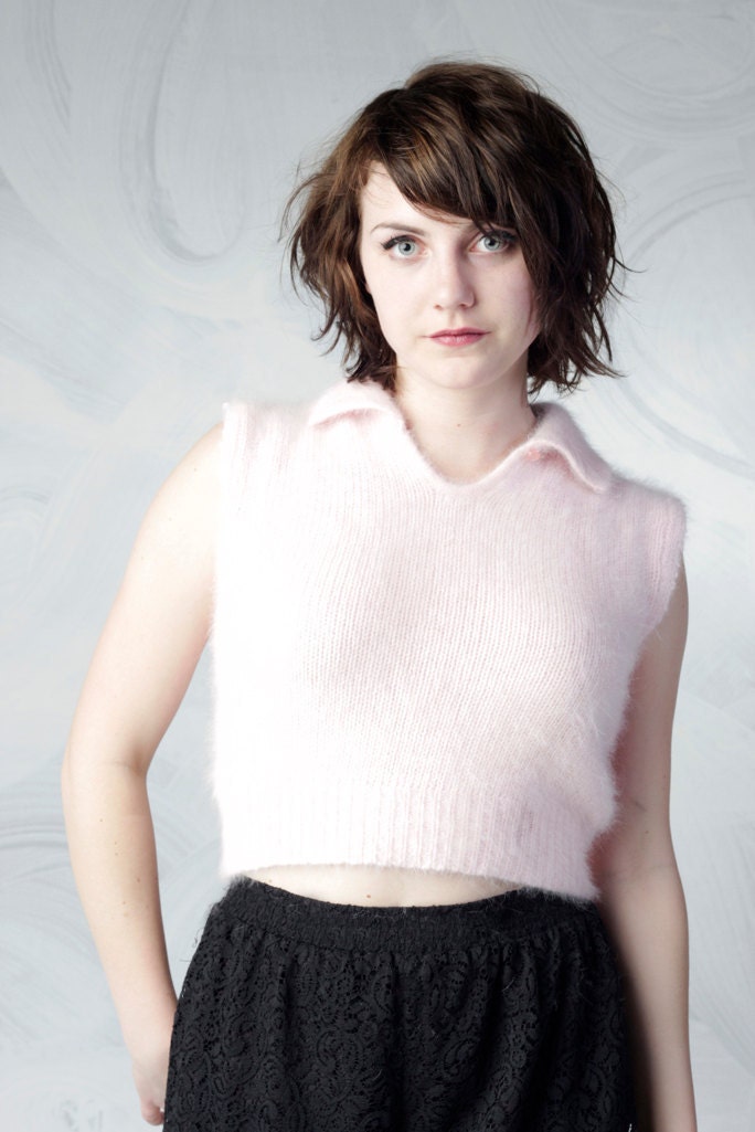 vintage 90's pastel pink angora sweater vest crop top women's small