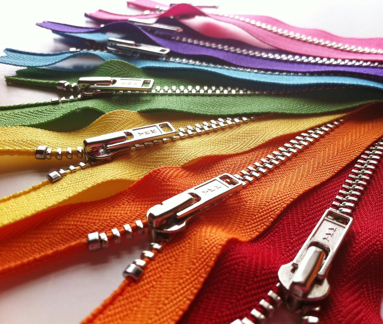 Metal Zippers- 12 inch closed bottom ykk nickel teeth zips- (7) pieces - Rainbow Set