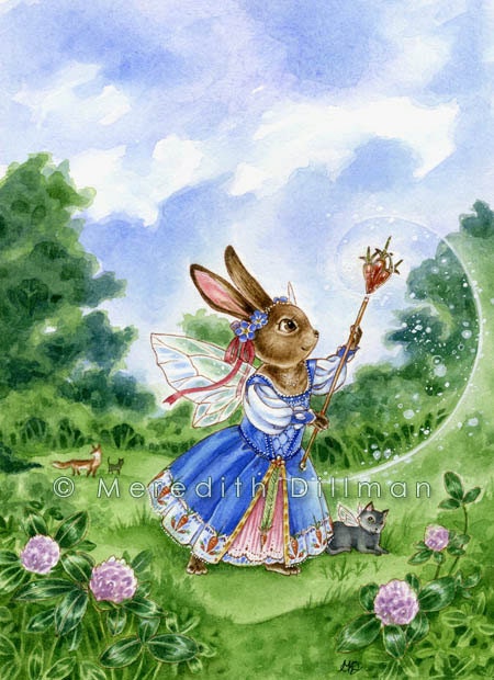 Bunny Fairy Princess with clovers.  5x7 fantasy art giclée print