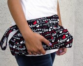 Clutch Purse, Wristlet Handbag, Love Words Hearts Print, Amore Amour, Cotton Fabric - Pouchette Style