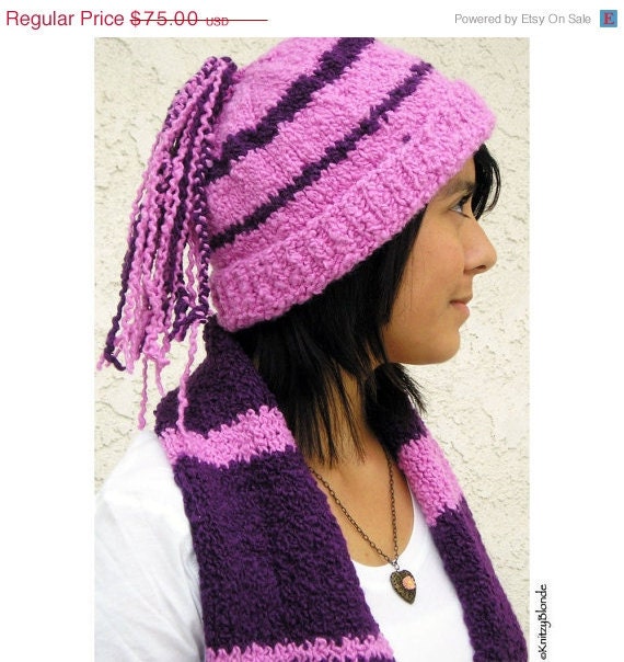 Hat Scarf Set, Funky Braids Hat Bright Bubblegum Pink and Plum, Alpaca Merino Wool