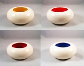Set of 4 Retro White Egg Bowls with Neon Primary Color Interior Ceramic Pottery Ohio USA