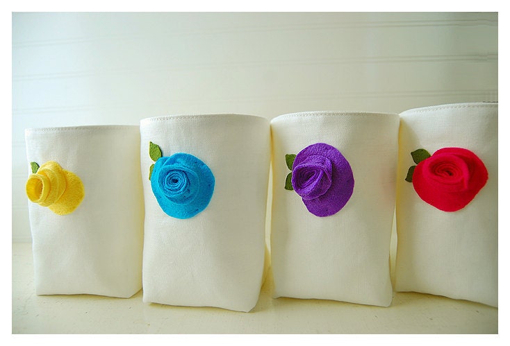 Blue yellow purple pink rose flower Box white Linen bin basket SET 4 Storage Wedding Party Holiday Gift Wrap  Organizer Embroidery tagt team