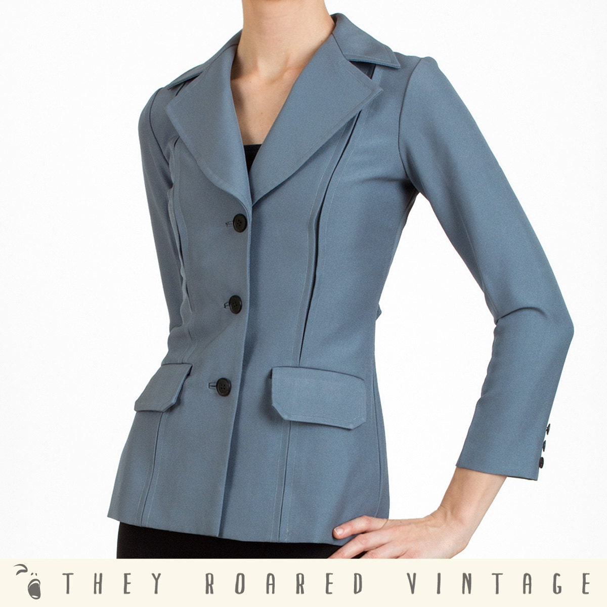 Womens Blazer 70s vintage Jacket Blue Gray Wide Collar XSmall