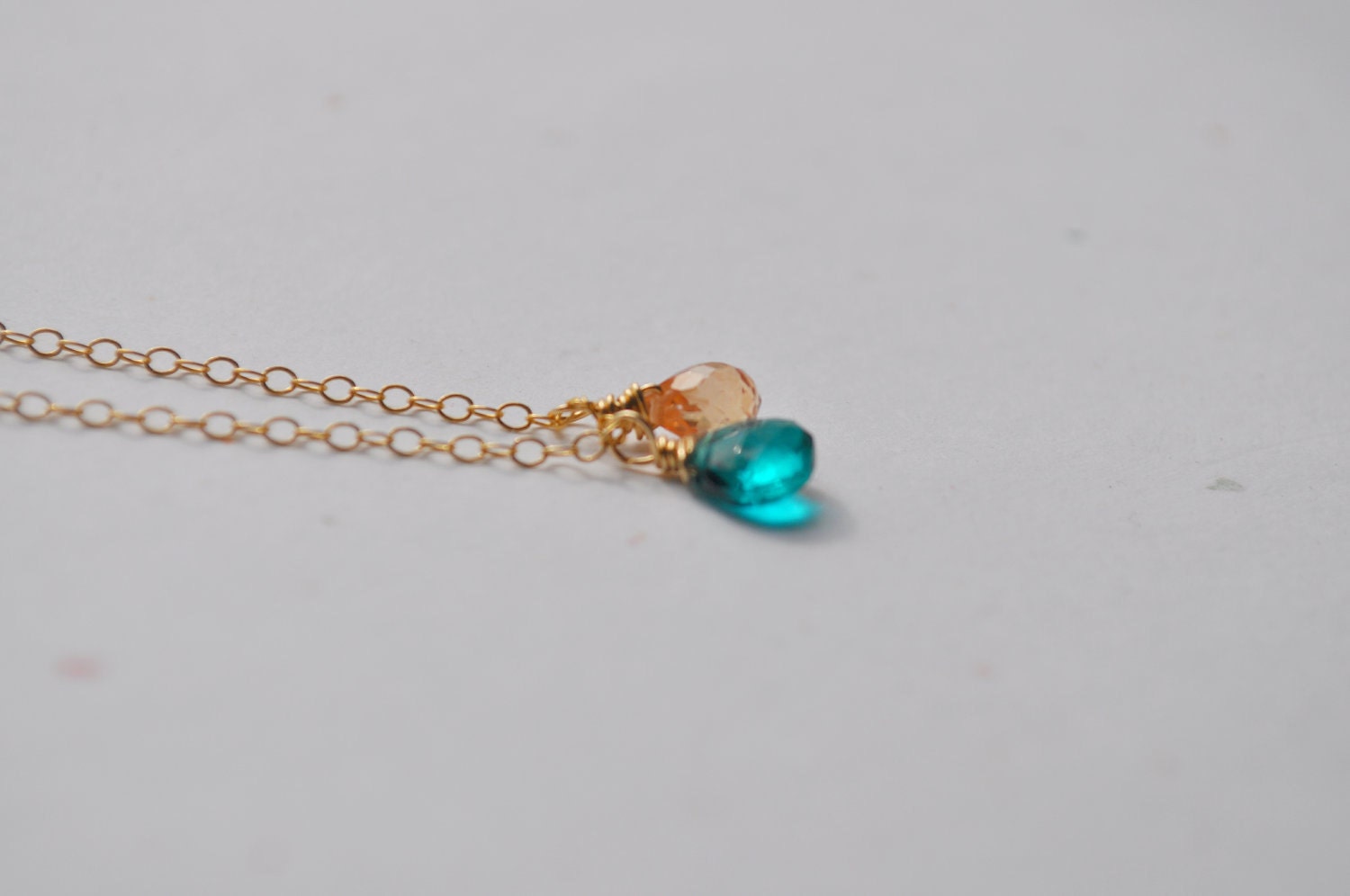 Laura Necklace - Tiny Teal Hydro Quartz & Peach Teardrop Cubic Zirconia Briolette gold filled - simple sweet wedding jewelry