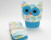 Baby bath set Owl mitt, washcloth, 3 piece set puppet eco friendly 100 percent cotton shower gift