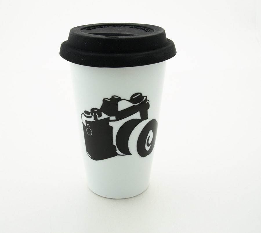 Travel mug camera photographer gift  Double Walled Porcelain with Lid Kiln Fired