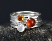 Stacking Gemstone Rings, Set of 5 - Silver Bands with Amber, Citrine and Moonstone - FREE shipping