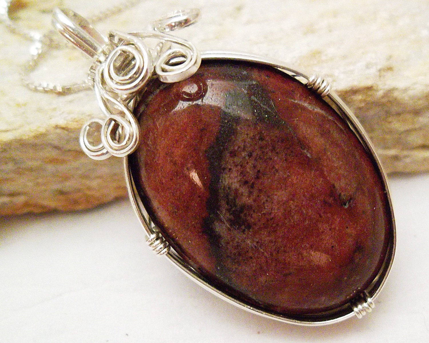 Wire Wrapped Pendant, Red Scenic Jasper in Sterling Silver