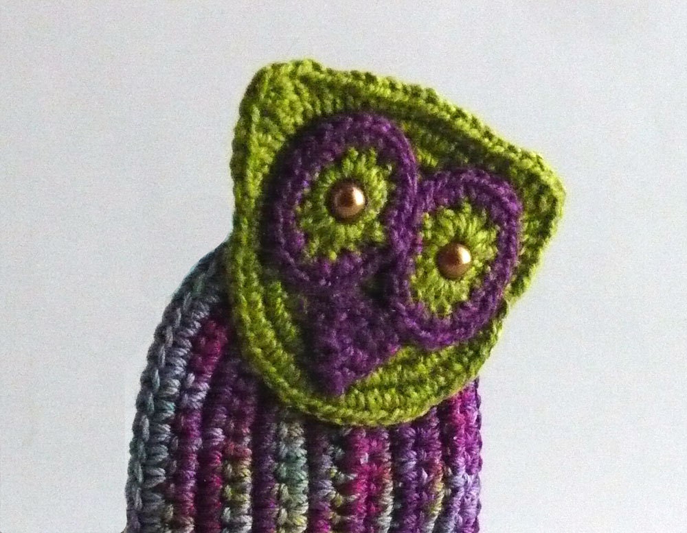 Crochet Brooch Irish Crochet Owl Pin Purple Chartreuse Green Berry Indigo Blue