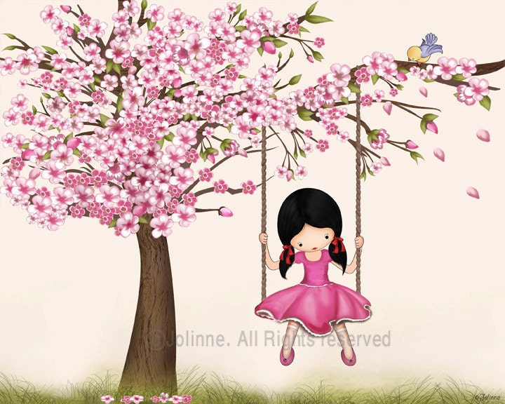 Cherry blossom tree wall art print, girls room decor, nursery wall art, girl swings, nature inspired spring children art