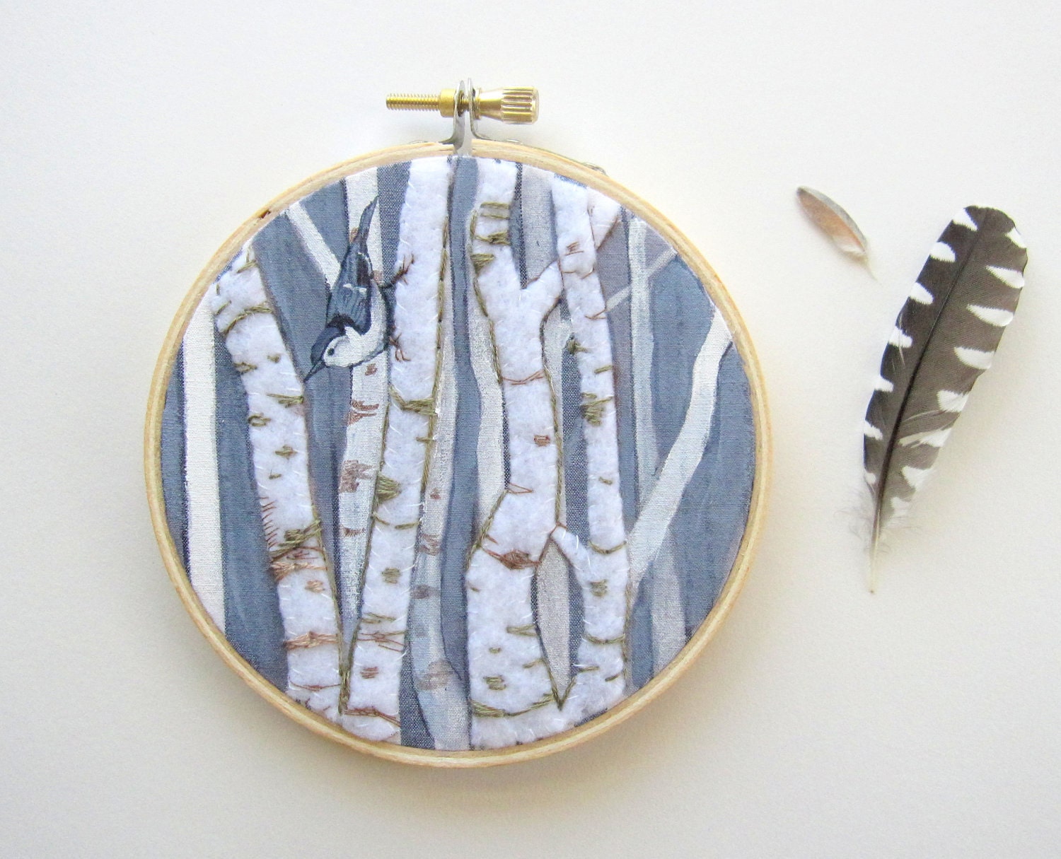 Embroidery Hoop, Birch Trees and Nuthatch Bird - PoofyDove