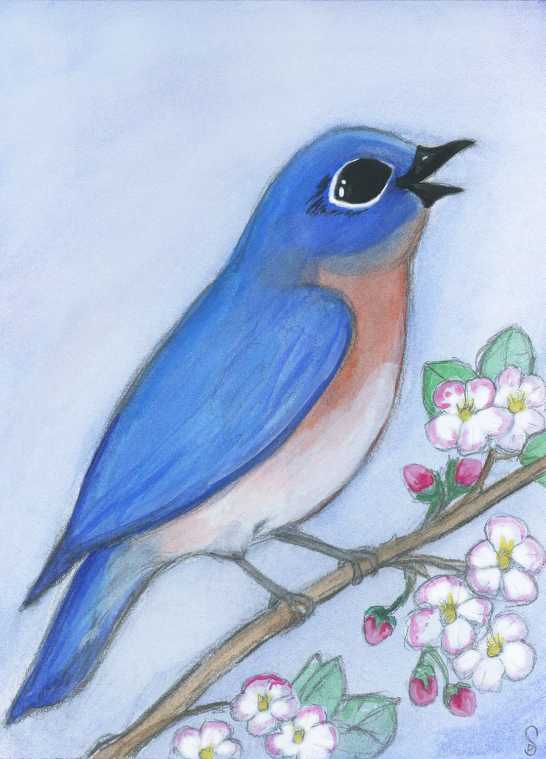 Where Bluebird & Apple Blossoms Sing - A Hand Painted 5x7 Illustrated Watercolor Print