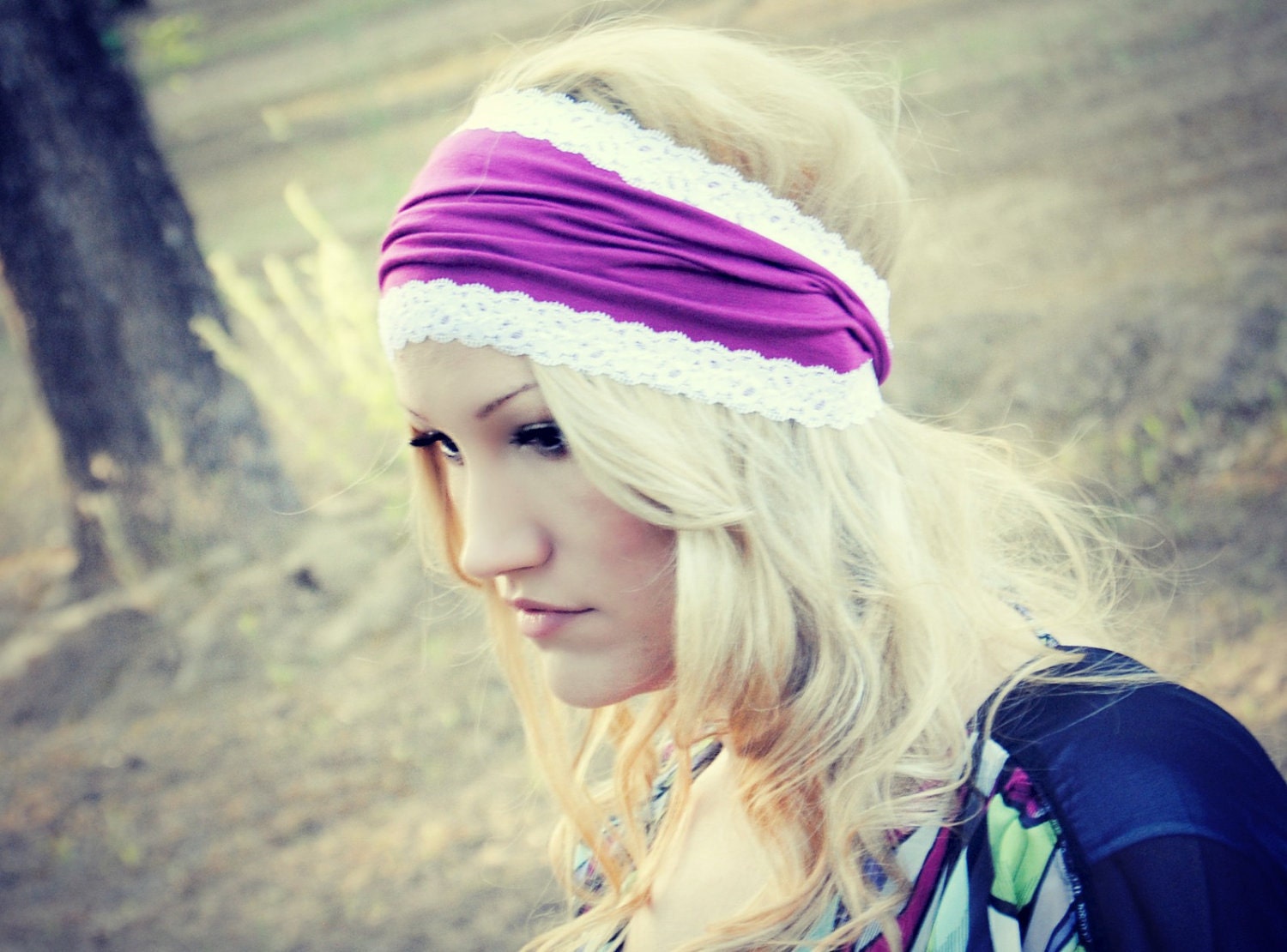 Magenta, Pink, Purple and Lace Wide Headband, Hair Wrap, Headwrap, Expandable - prettylittlemaniac