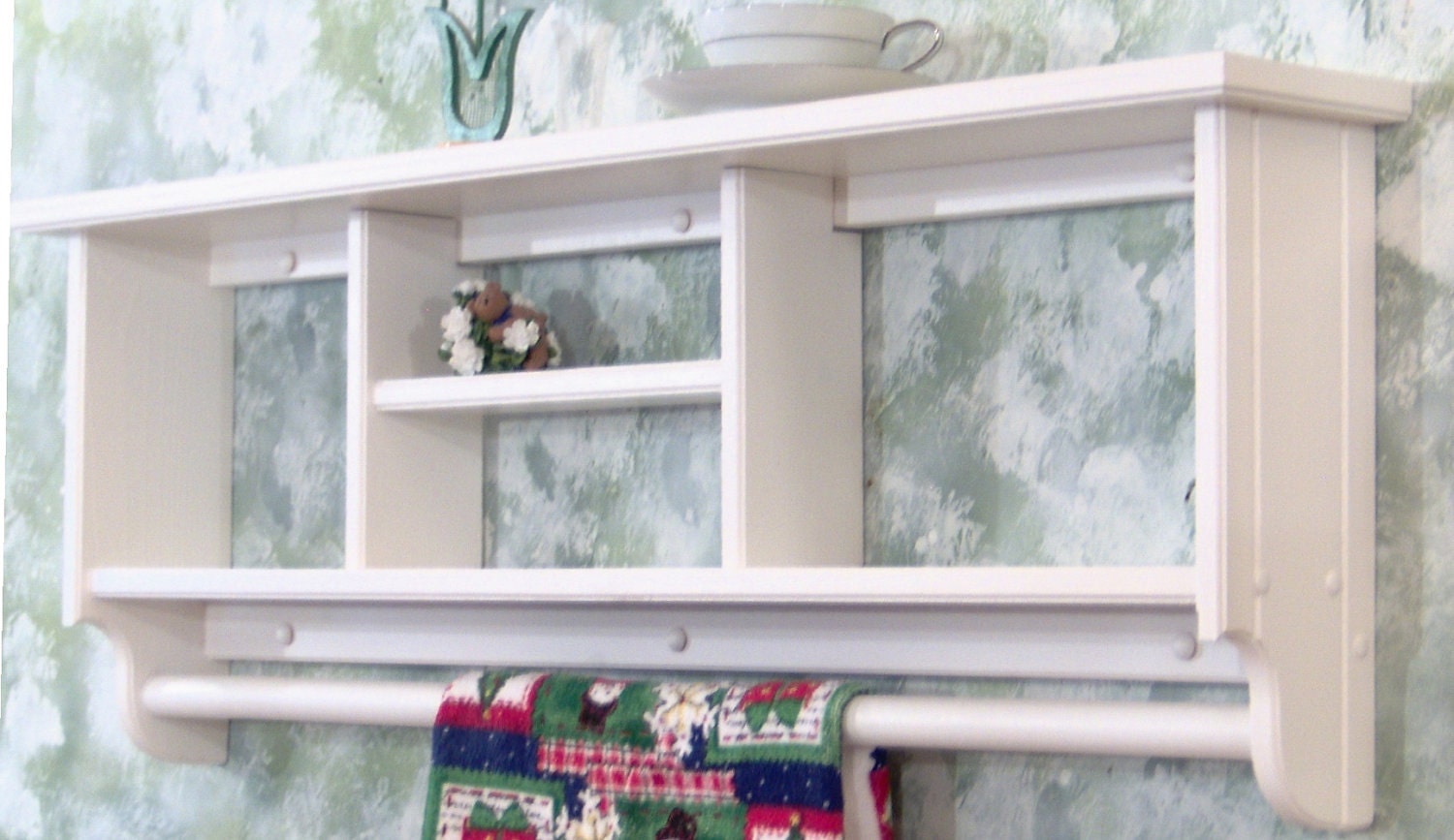 White 36" Curio Shelf withTowel or Quilt Bar solid pine wood cd,s books made USA