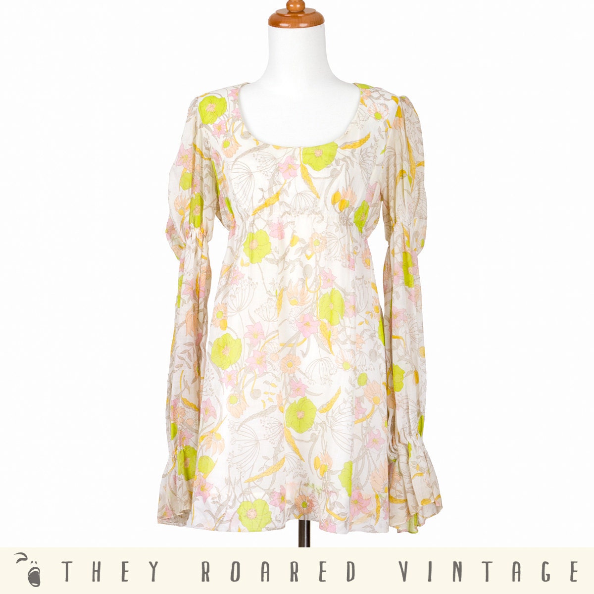 60s Vintage Dress Mini Dress Hippie Dress Floral Puff Sleeves Medium