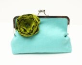 Turquoise Wedding Clutch - Turquoise Linen, Green Silk Flower with Swarovski Crystals