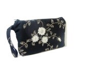 Black Linen Wristlet - Embroidered Flowers