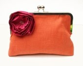 Orange Wedding Clutch - Orange Linen,  Pink Silk Flower with Swarovski Crystals