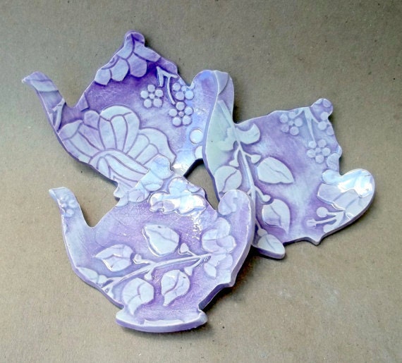 THREE Damask Teapot Tea bag Holders Purple