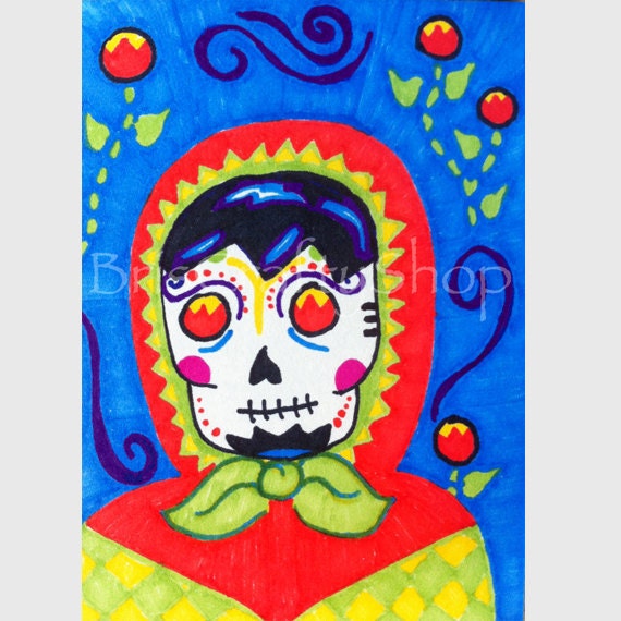 ACEO Sugar Skull Matryoshka Marker Drawing with Fiery Eyes