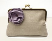 Clutch - Natural Linen with Lavender Purple Silk Flower with Swarovski Crystals