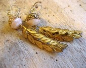 Prosecco Vintage Bead Earrings. brass leaf dangle earrings,bride, bridesmaids, wedding jewelry