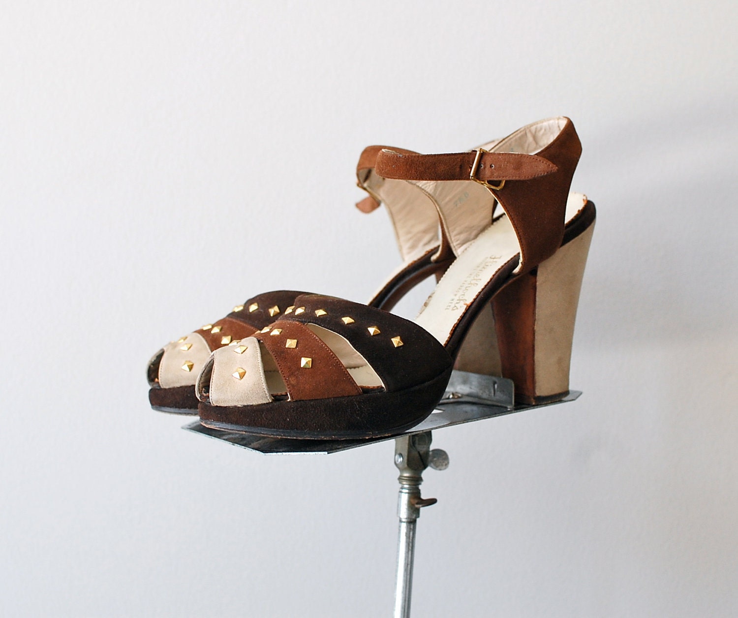 1940s shoes / 40s platforms / Brass Studded Peeptoes