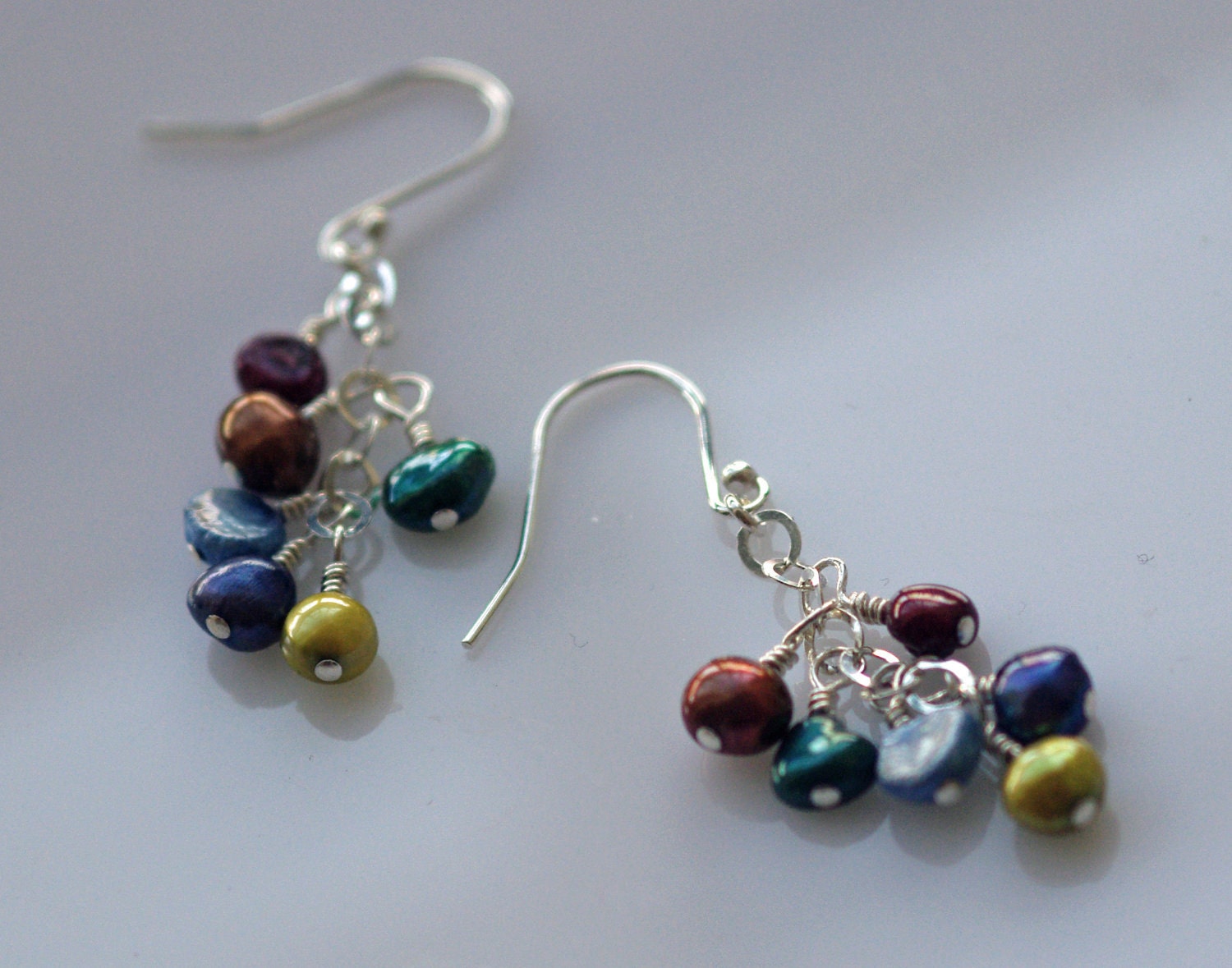 Brightly Colored Pearl Earrings, Long Dangles on Sterling Silver Chain