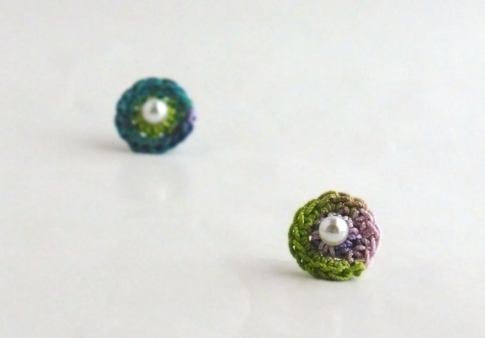 Crochet Earrings Studs Mini Circles Spring Green Purple Pink Teal