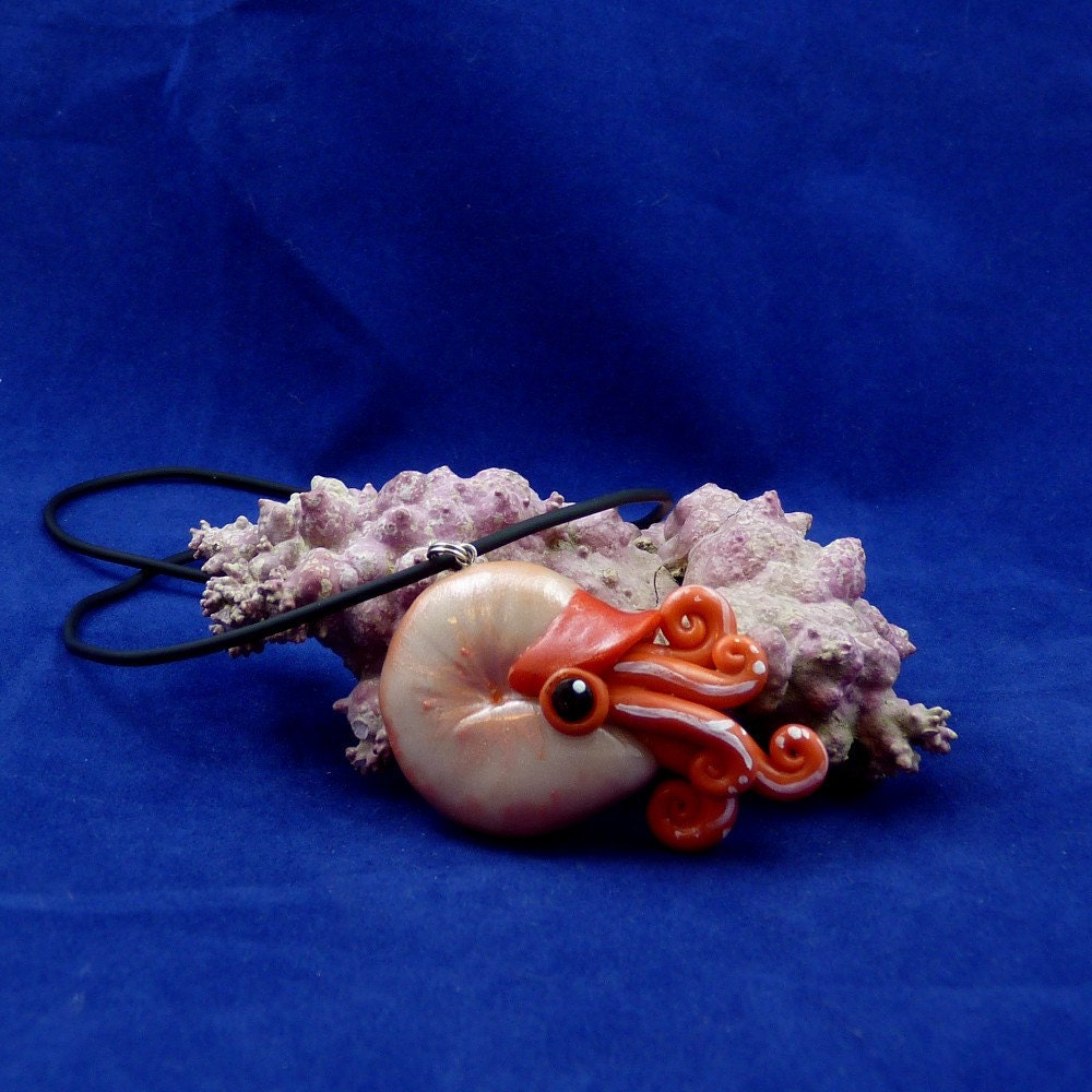 Coral Nautilus Necklace - Handmade Polymer Clay Jewelry